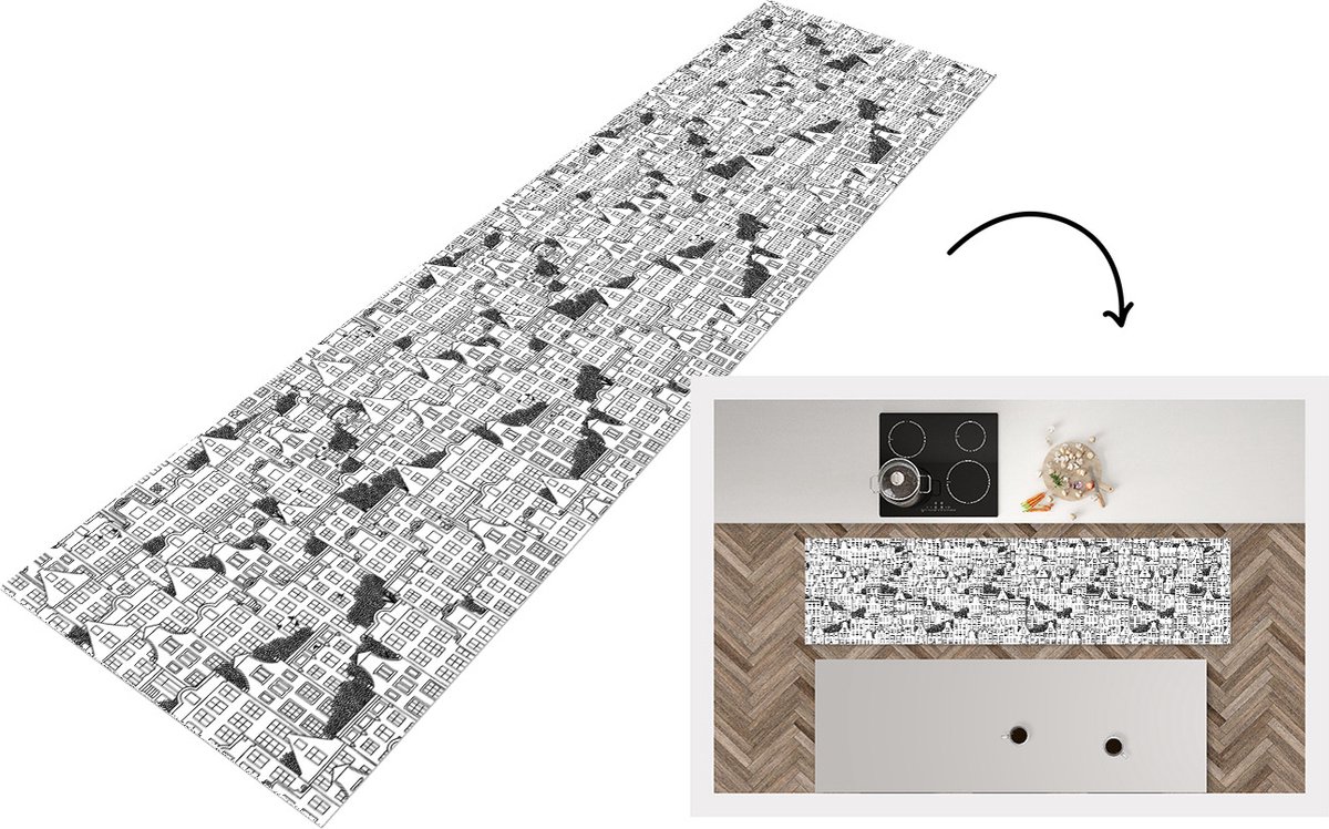 KitchenYeah Keukenloper - Loper keuken - Amsterdam - Grachtenpand - Zentangle - 240x60 cm - Keukenloper vinyl Multicolor