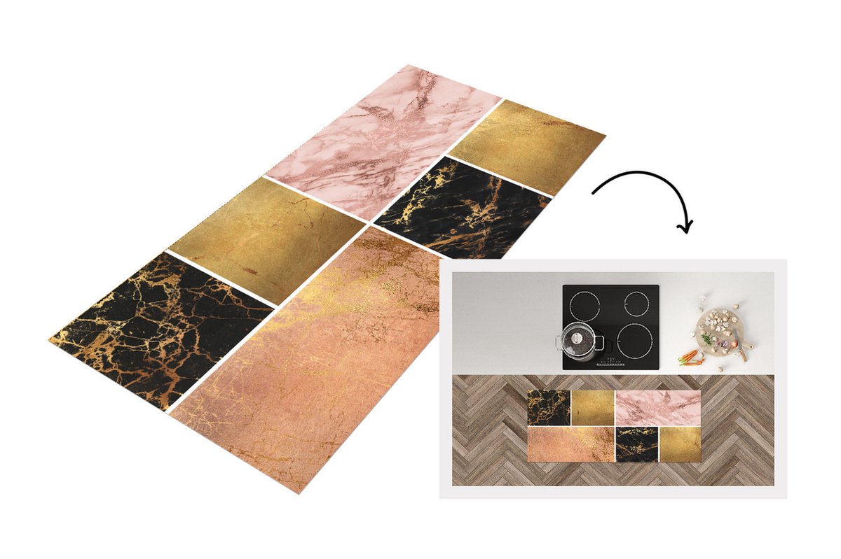 KitchenYeah Keukenloper - Loper keuken - Marmer - Steen - Goud - 120x50 cm - Keukenloper vinyl Multicolor