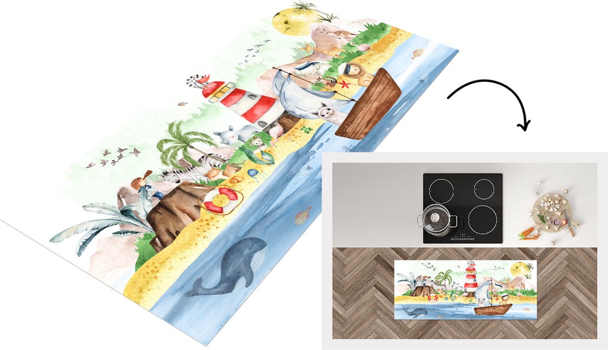 KitchenYeah Keukenloper - Loper keuken - Kinderen - Strand - Dieren - 120x50 cm - Keukenloper vinyl Multicolor