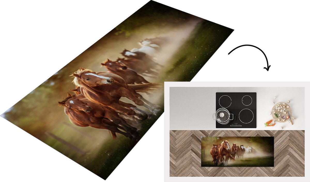 KitchenYeah Keukenloper - Loper keuken - Paarden - Licht - Natuur - 120x50 cm - Keukenloper vinyl Multicolor