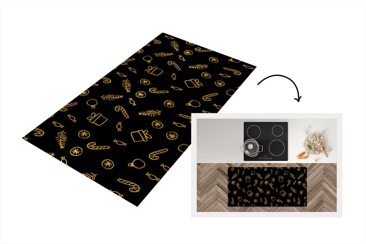 KitchenYeah Keukenloper - Loper keuken - Kerstmis - Patronen - Goud - Zwart - 120x60 cm - Keukenloper vinyl Multicolor