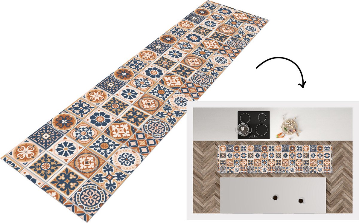 KitchenYeah Keukenloper - Loper keuken - Tegels - Patronen - Middellandse Zee - 240x60 cm - Keukenloper vinyl Multicolor