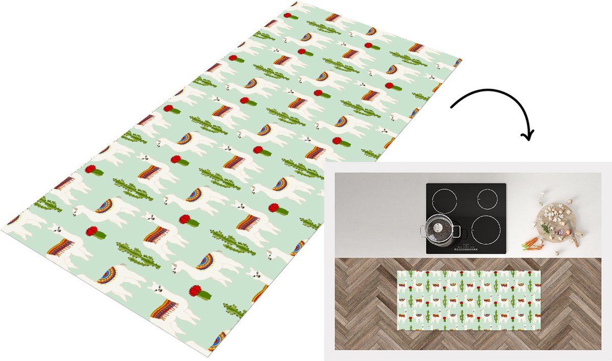 KitchenYeah Keukenloper - Loper keuken - Lama - Cactus - Patronen - 120x50 cm - Keukenloper vinyl Multicolor