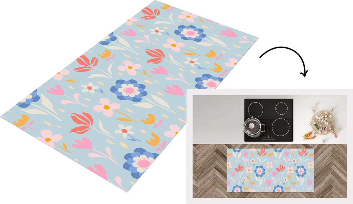 KitchenYeah Keukenloper - Loper keuken - Bloemen - Planten - Patroon - 120x60 cm - Keukenloper vinyl Multicolor