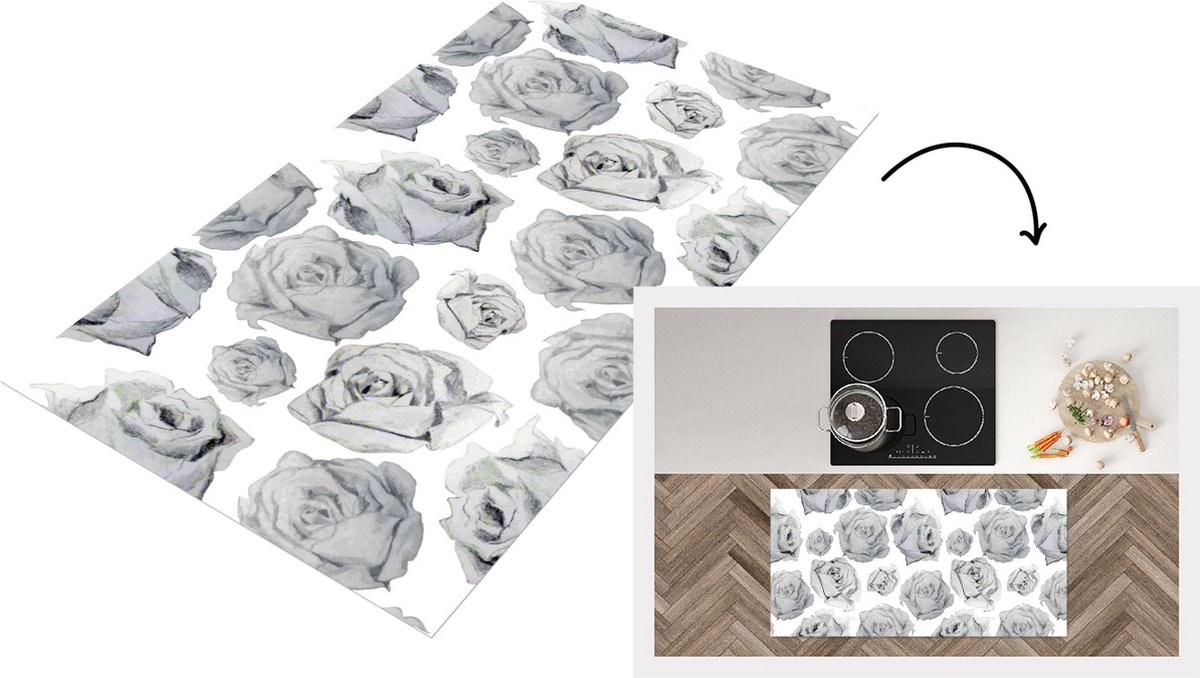 KitchenYeah Keukenloper - Loper keuken - Rozen - Bloem - Zwart Wit - Patroon - 120x60 cm - Keukenloper vinyl