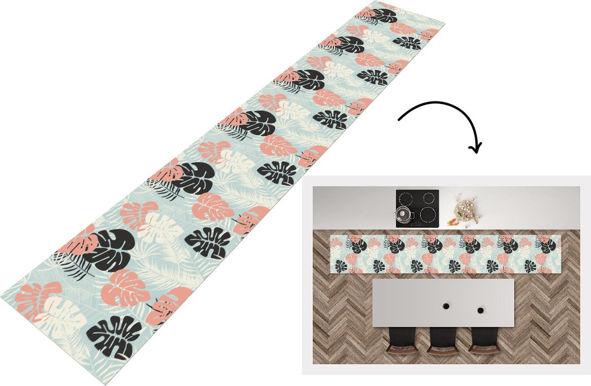 KitchenYeah Keukenloper - Loper keuken - Bladeren - Monstera - Pastel - Hawaii - Patronen - 300x50 cm - Keukenloper vinyl Multicolor