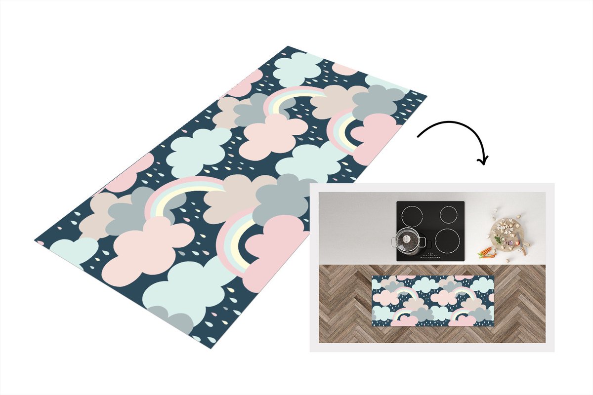 KitchenYeah Keukenloper - Loper keuken - Regenboog - Wolk - Regen - Kinderen - Patronen - 120x50 cm - Keukenloper vinyl Multicolor