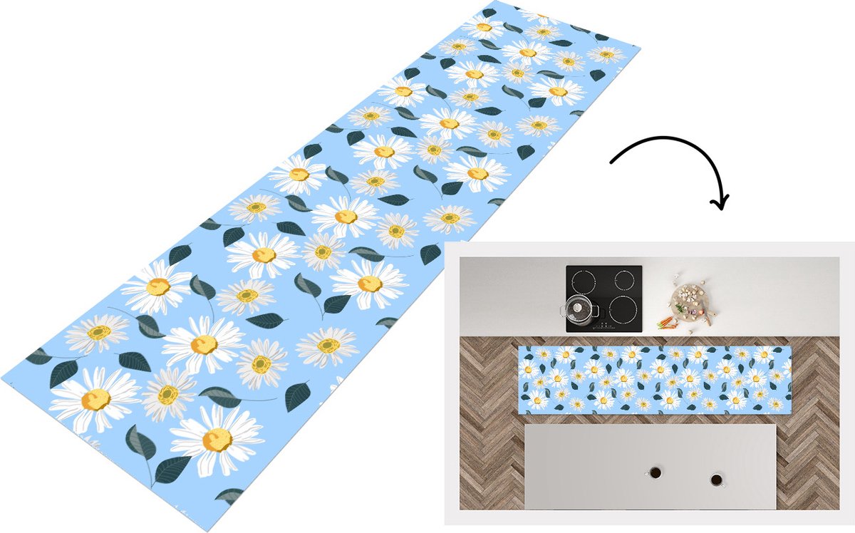 KitchenYeah Keukenloper - Loper keuken - Madeliefjes - Blauw - Patroon - 240x60 cm - Keukenloper vinyl Multicolor
