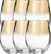 Six verres tumblers avec un bord doré et une base formée.