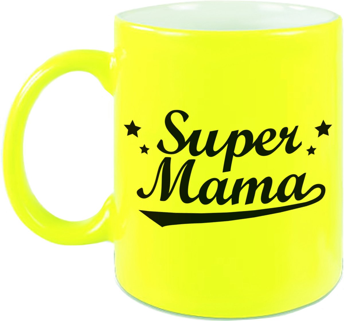 Super mama tekst cadeau mok / beker - neon geel - 330 ml - Moederdag / verjaardag
