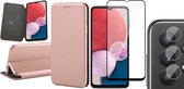 Samsung Galaxy A13 4G Hoesje - Book Case Lederen Wallet Cover Minimalistisch Pasjeshouder Hoes Roségoud - Full Tempered Glass Screenprotector - Camera Lens Protector
