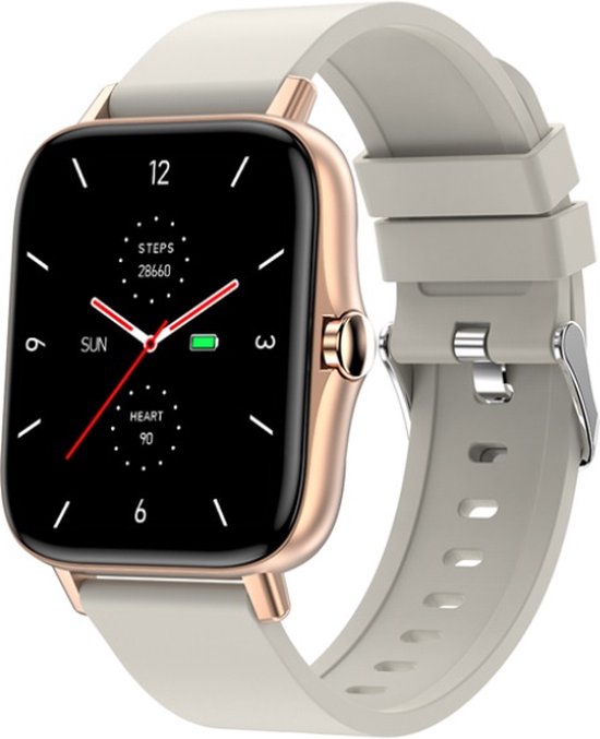 Smartwatch Rankos T42 Goud - Sporthorloge Beige siliconen Armband -stijlvol -Belfunctie- IP67 Waterdicht -1.70 inch HD kleur Touchscreen -heren en dames- Bloeddrukmeter-Fitness Tracker-batterijcapaciteit 210mAh -Slaapmonitor -Wekker- Voor Android-iOs