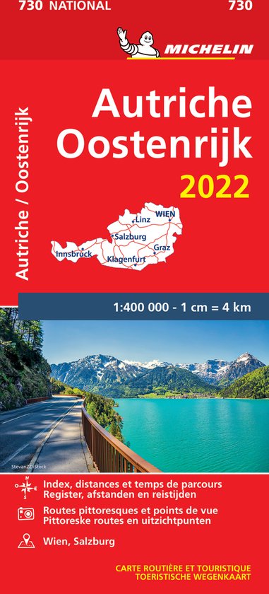 Michelin Wegenkaart Oostenrijk 2022, schaal 1:400 000. Met bergen, meren, steden en toeristische routes.