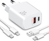 iPhone-snellader, gecertificeerd, 20 W Dual Port PD3.0 USB-C + QC3.0 USB-A snelle wandlader met 2X 1m Lightning-kabels, voor iPhone 13/12/11 Pro, XS/XR/X/ 8/7P, SE, iPad, AirPods