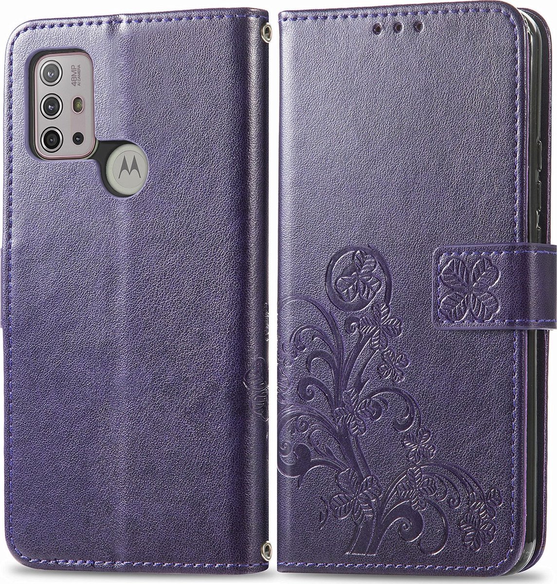 Mobigear Telefoonhoesje geschikt voor Motorola Moto G10 Hoesje | Mobigear Clover Bookcase Portemonnee | Pasjeshouder voor 2 Pasjes | Telefoonhoesje voor Pinpas / OV Kaart / Rijbewijs - Paars