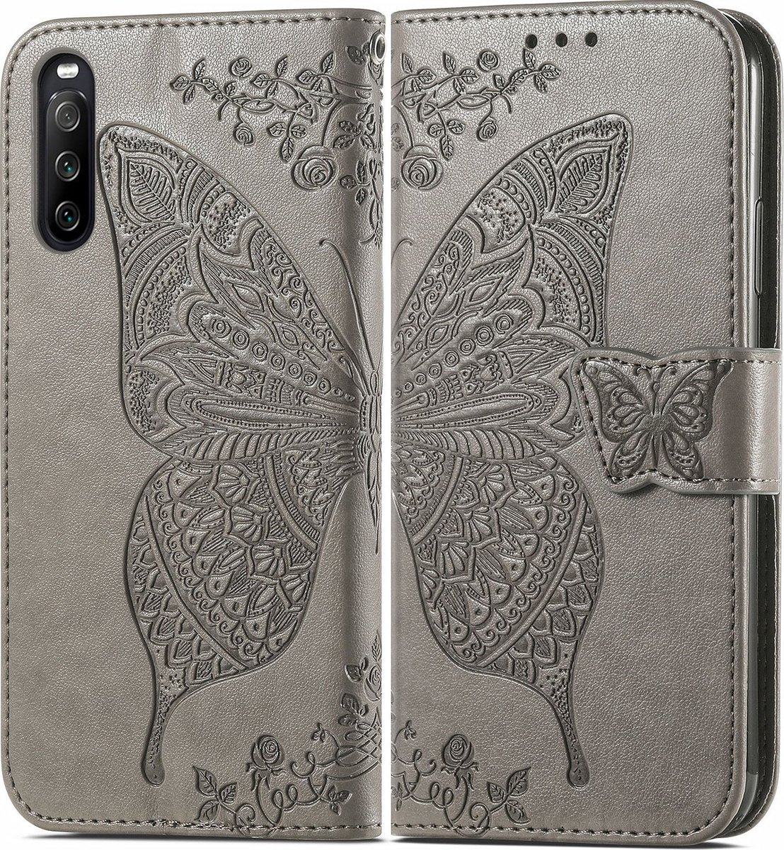 Mobigear Telefoonhoesje geschikt voor Sony Xperia 10 III Hoesje | Mobigear Butterfly Bookcase Portemonnee | Pasjeshouder voor 3 Pasjes | Telefoonhoesje voor Pinpas / OV Kaart / Rijbewijs - Grijs