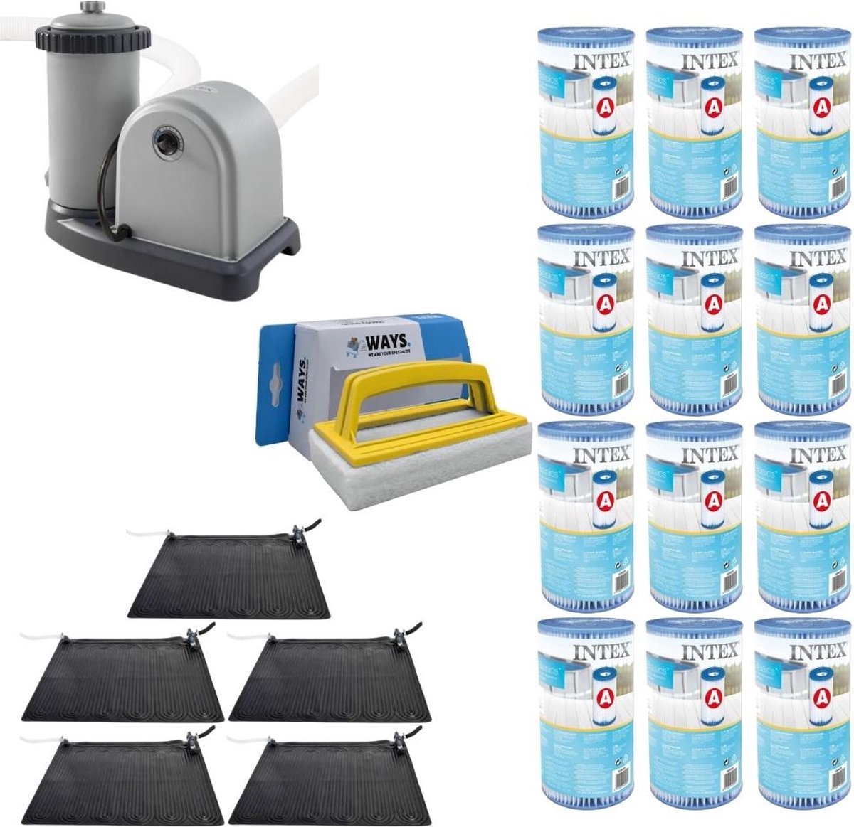 WAYS - Zwembad Onderhoud - 5x Zwembad verwarming & Filterpomp 5678 L/u & 12 Filters Type A & WAYS Scrubborstel
