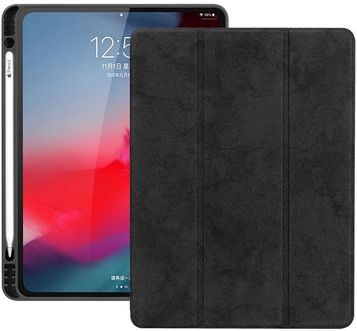 Mobigear Tablethoes geschikt voor Apple iPad Pro 12.9 Inch (2018) Hoes | Mobigear Tri-Fold Gel Bookcase + Stylus Houder - Zwart