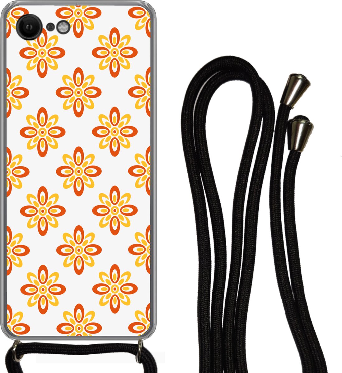 Telefoonhoesje Geschikt voor iPhone 7 - Patroon - Jaren 70 - Bloemen - Oranje - Siliconen - Crossbody - Backcover met Koord - Telefoonhoesje met koord - Hoesje met touw Telefoonhoesje