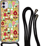 Hoesje met koord iPhone 11 - Patronen - Bloemen - Kleuren - Siliconen - Crossbody - Backcover met Koord - Telefoonhoesje met koord - Hoesje met touw