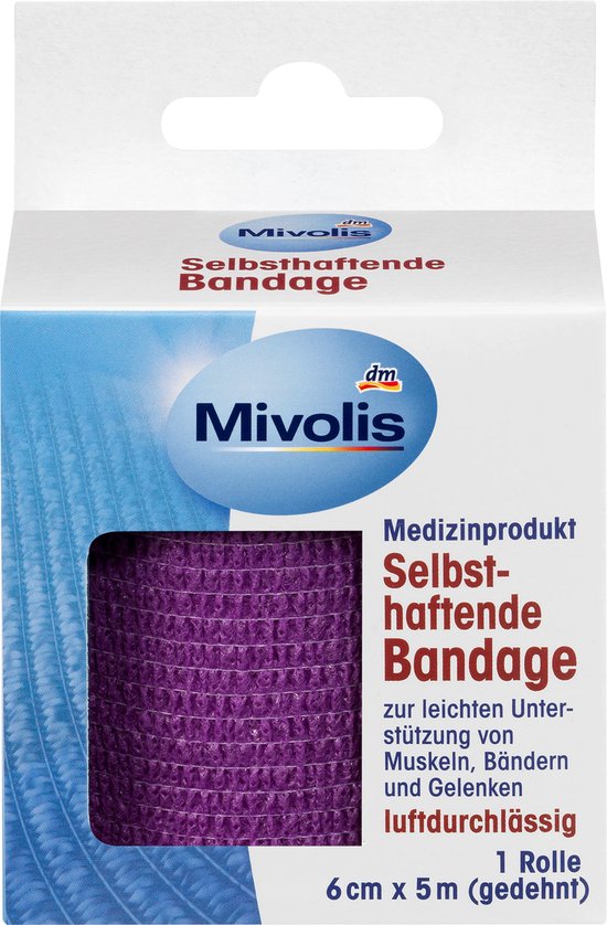 Paarse Mivolis zelfklevende bandage, 6cm x 5m (uitgerekt), 1 rol.