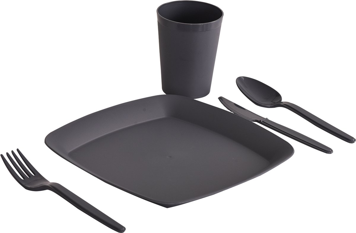 BEFA Set de pique-nique pour 6 personnes Sans BPA salière gobelet Vaisselle de camping avec fourchette cuillère panier de pique-nique couteau assiette 