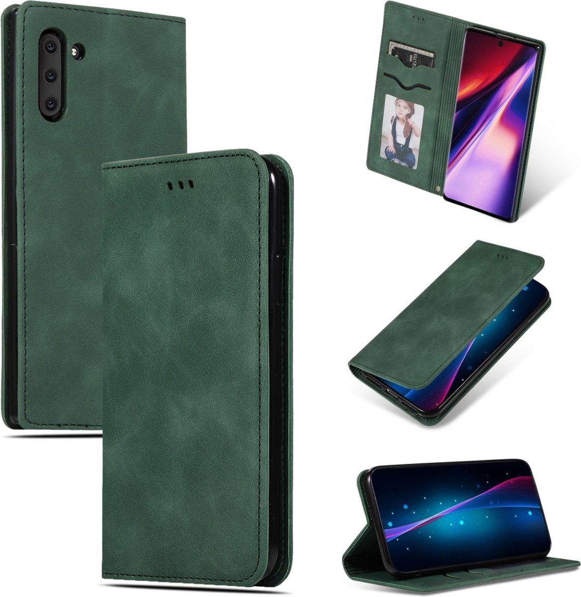 Mobigear Telefoonhoesje geschikt voor Samsung Galaxy Note 10 Hoesje | Mobigear Retro Slim Bookcase | Pasjeshouder voor 2 Pasjes | Telefoonhoesje voor Pinpas / OV Kaart / Rijbewijs - Groen