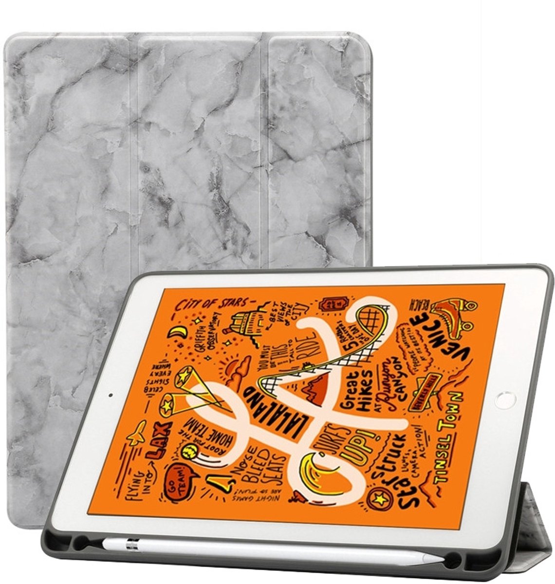 Mobigear Tablethoes geschikt voor Apple iPad Air 3 (2019) Hoes | Mobigear Tri-Fold Marble Bookcase + Stylus Houder - Grijs