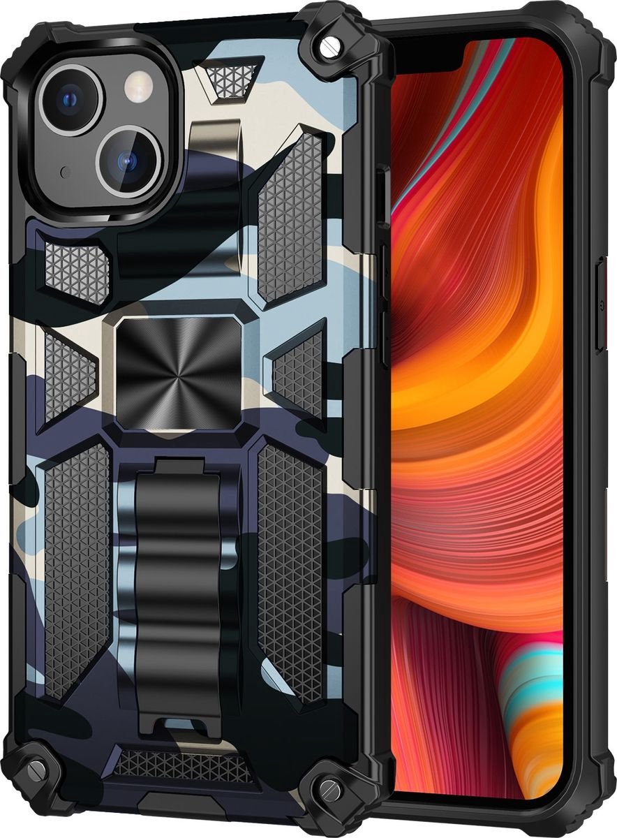 Mobigear Hoesje geschikt voor Apple iPhone 13 Telefoonhoesje Hardcase | Mobigear Armor Stand Backcover Shockproof met Standaard | Schokbestendig iPhone 13 Telefoonhoesje | Anti Shock Proof - Marineblauw