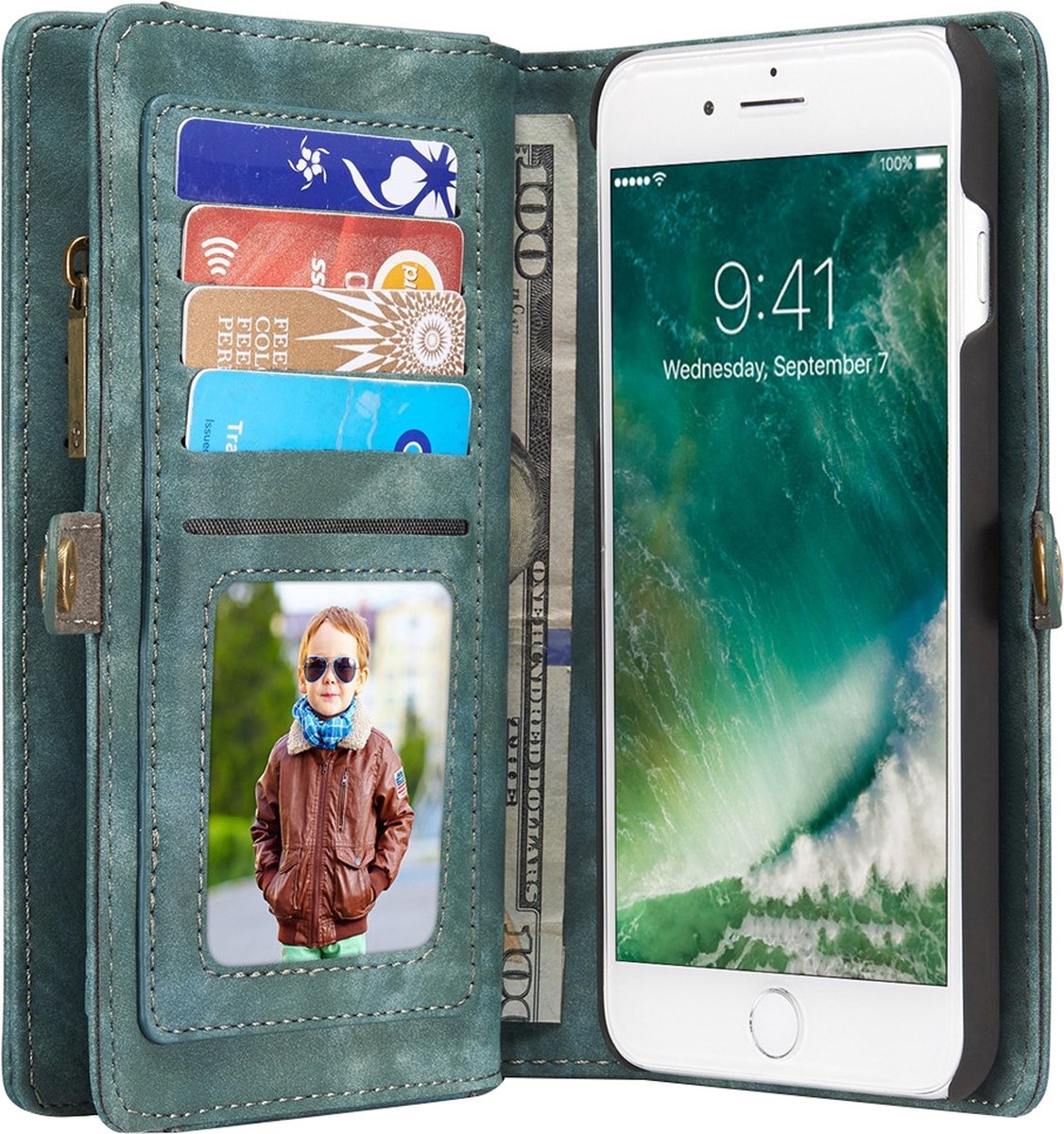 Caseme Telefoonhoesje geschikt voor Apple iPhone 7 Plus Hoesje | Caseme 008 Uitneembare 2in1 Bookcase Portemonnee | Pasjeshouder voor 8 Pasjes | Telefoonhoesje voor Pinpas / OV Kaart / Rijbewijs - Groen