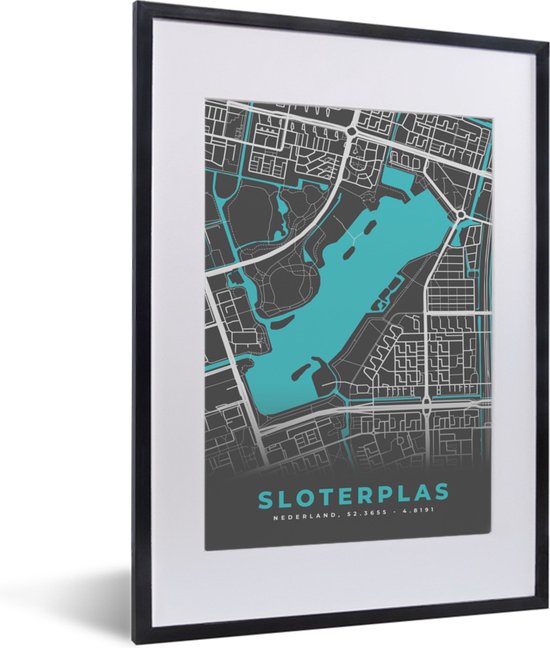 Fotolijst incl. Poster – Kaart – Sloterplas – Water – Amsterdam – Stadskaart – Plattegrond – 30×40 cm – Posterlijst