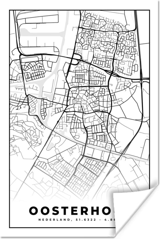 Poster Oosterhout - Zwart Wit - Kaart - Stadskaart - Plattegrond