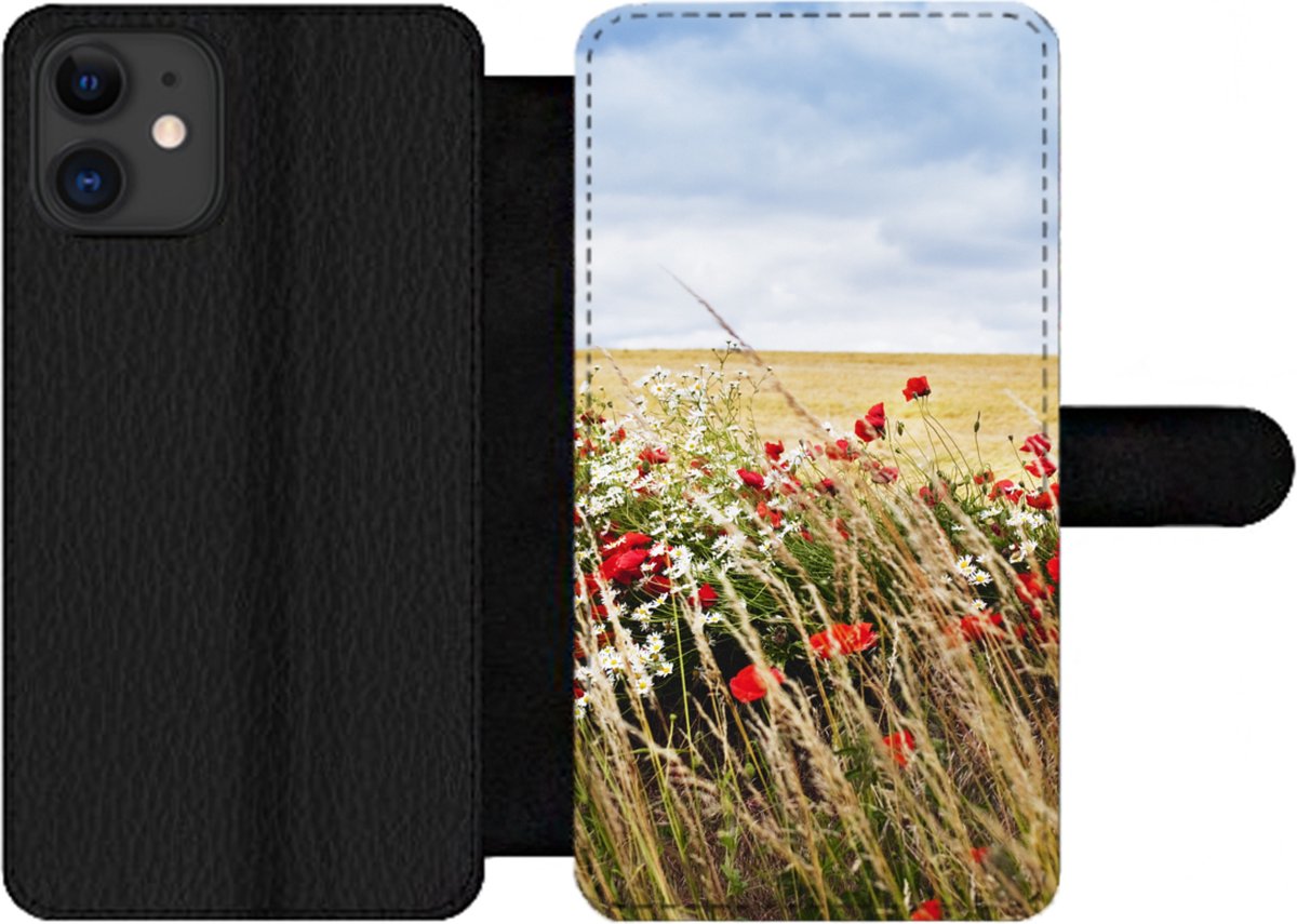 Telefoonhoesje Geschikt voor iPhone 11 telefoonhoesje - Wolken - Bloemen - Rood - Met vakjes - Wallet case met magneetsluiting