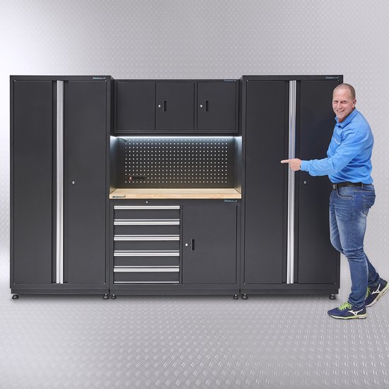 Foto: Datona werkbank 120 cm met gereedschapskast en twee werkplaatskasten mat zwart