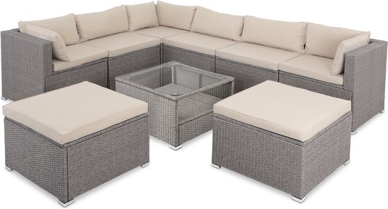 Casaria Polyrattan Lounge set XXL Coussins Table Plateau en verre Mobilier de jardin Crème