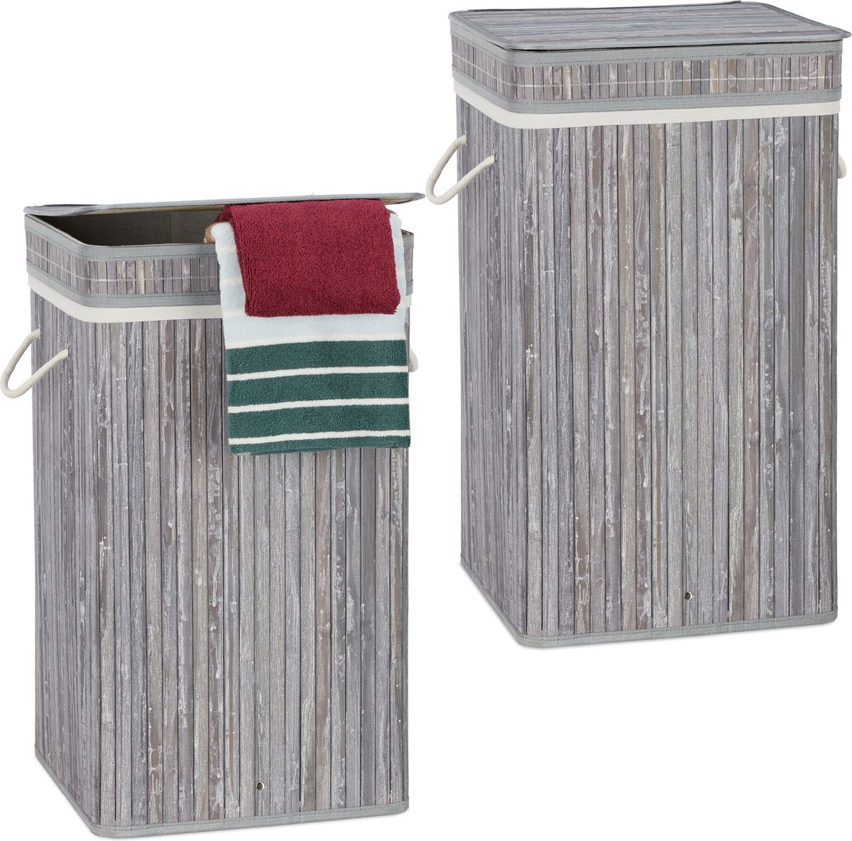 Goedkoopste 2x wasmand bamboe - wasbox opvouwbaar - 70L - vierkant - 63x36x36 cm - grijs