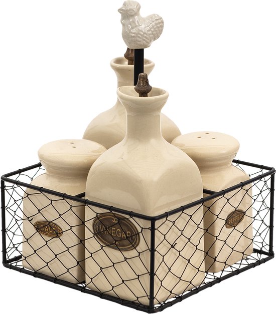 Foto: Clayre eef olie en azijnstel kip 15x15x21 cm beige keramiek peper en zout