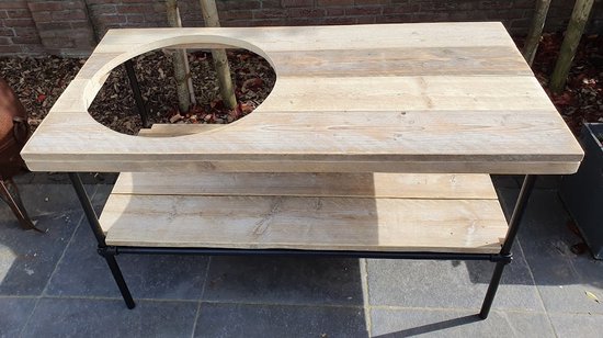 Big Green Egg Tafel - Buitenkeuken - 140x70cm - Gat 50cm - Zwart Staal en Hout - BBQ Tafel - Kamado Tafel - Barbecue - Bastard - Grill Guru - Kamado Joe - Ombouw - Onderstel - Geschikt voor vele modellen van Bastard — afbeelding 2