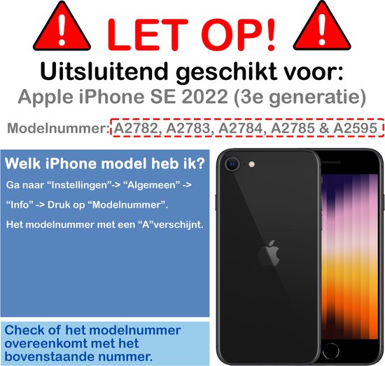 Twee iPhones, één zwart en één met een kleurrijk display. Waarschuwingstekst: LET OP! Uitsluitend geschikt voor Apple iPhone SE 2022 (3e generatie).