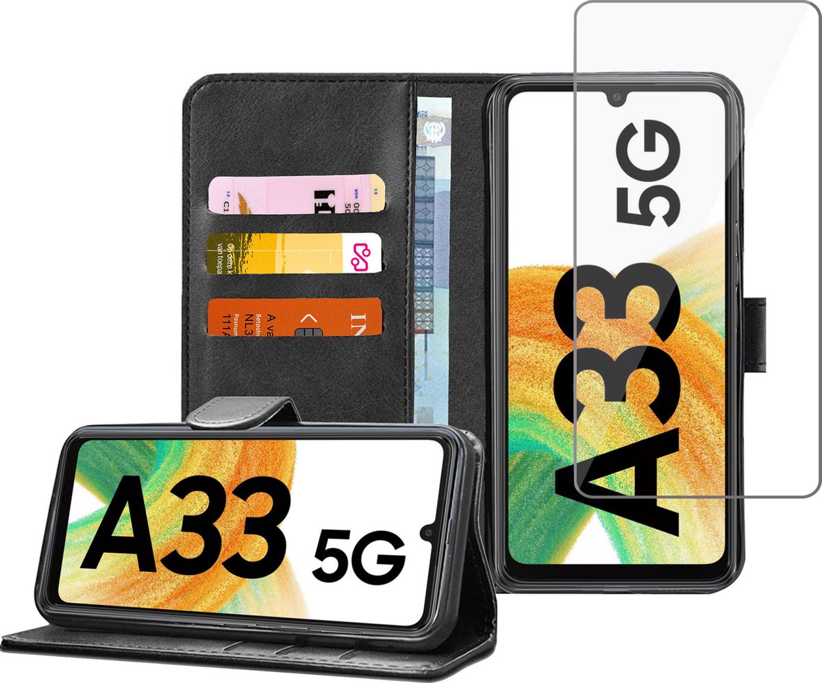 Samsung A33 5G Book Case Hoesje + Samsung A33 5G Screenprotector – Magnetische Flip Portemonnee Rustic Zwart - Gehard Glas