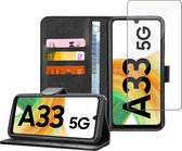 Samsung A33 5G Book Case Hoesje + Samsung A33 5G Screenprotector – Magnetische Flip Portemonnee Rustic Zwart  - Gehard Glas