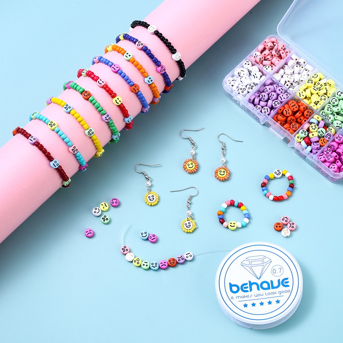 Behave Smiley Kralen Set - Knutselen Meisjes - Emoji Kralen - DIY Sieraden maken - Rijgdraad - 10 Kleuren - 7x4mm - 65 Kralen per Kleur - Totaal 650 Stuks — afbeelding 6