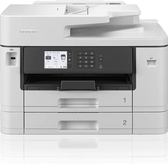 Witte Brother printer met twee papierlades, genummerd 1 en 2.