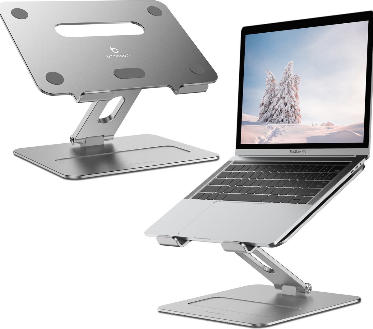 Brocoon Laptop Standaard 10 - 17 Inch - Laptop Houder - Laptopstandaard verstelbaar - Laptop Stand - Thuiswerken - Ergonomisch - Warmteafvoer - draagbaar - lichtgewicht - Inklapbaar - Hoogte verstelbaar - Apple Macbook, Microsoft, HP, Lenovo - Zilver