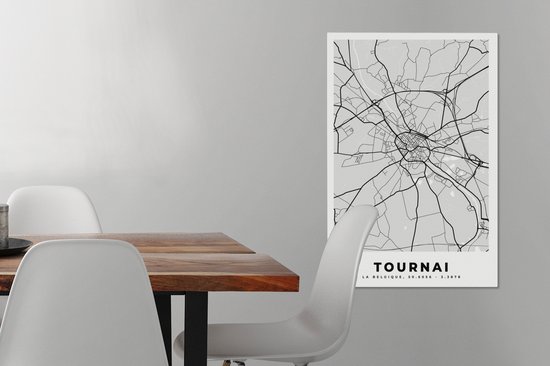 Toile Peinture Plan de Ville - Carte - België - Zwart Wit - Tournai - Carte - 40x60 cm - Décoration murale