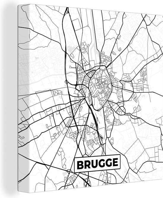 Canvas Schilderij Zwart Wit – België – Plattegrond – Stadskaart – Kaart – Brugge - 20x20 cm - Wanddecoratie