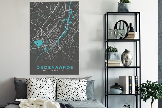 Toile gris foncé avec une carte d'Oudenaarde en blanc et turquoise. Le texte "OUDENAARDE BELGIUM, 50.8432 · 3.6041" est en bas.