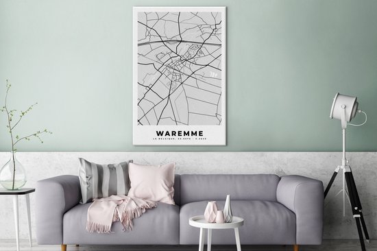 Canvas schilderij 90x140 cm - Wanddecoratie Stadskaart – Zwart Wit - Kaart – Waremme – België – Plattegrond - Muurdecoratie woonkamer - Slaapkamer decoratie - Kamer accessoires - Schilderijen