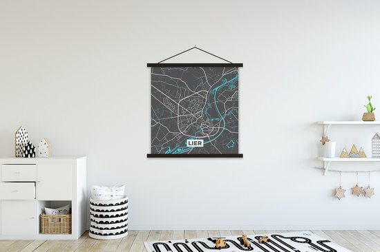 Porte-affiche avec affiche - Affiche scolaire - België - Lierre - Plan de la ville - Carte - Blauw - Carte - 120x120 cm - Lattes noires