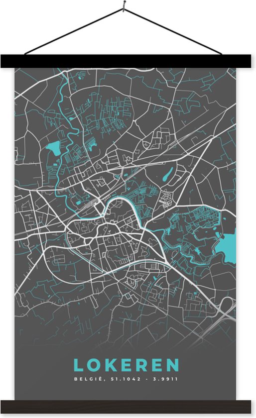 Porte-affiche avec affiche - Affiche scolaire - Plan de la ville - Grijs - Carte - Lokeren - België - Carte - 60x90 cm - Lattes noires